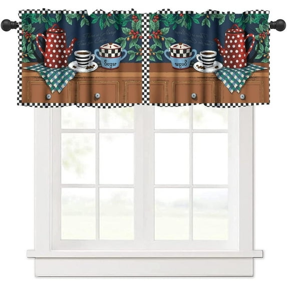 Coffee Kitchen Valance Curtain,Vintage Watercolour Art Aesthetics Rustic Coffee Theme Black White Plaids Print Window Treatment Valance Rod Pocket Short Curtain for Living Room Cafe 54x18inch