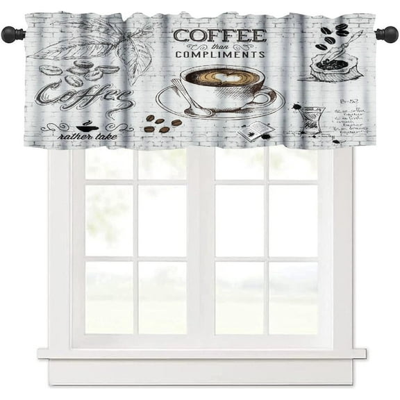 Coffee Kitchen Valances Curtain,Vintage Hand Painted Art Brick Wall Coffee Theme Print Window Treatment Valance Short Curtain for Living Room Cafe Office 54x18inch