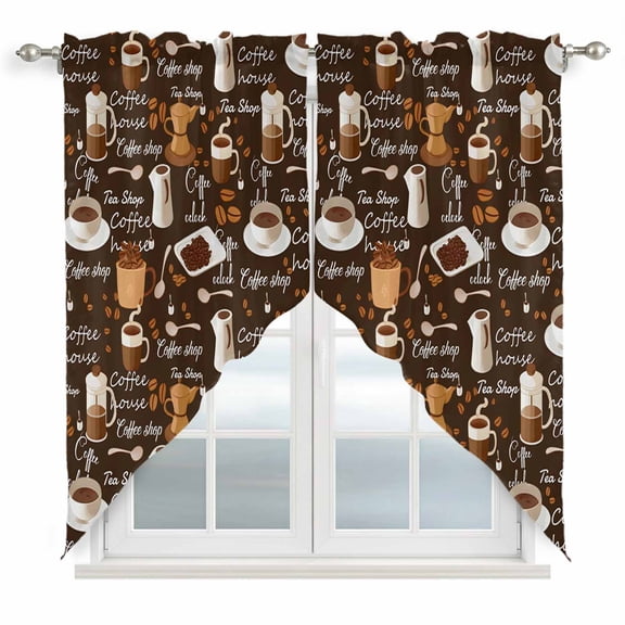 Coffee Kitchen Window Curtains, Swag Curtains Valance for Bedroom Living Room Bathroom, Brown Retro Coffee Theme Beans Latte Tea Cup Rod Pocket Window Treatment Curtain Block Drapes 2 Panels 28"x36"