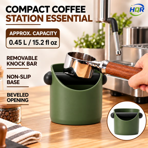 Espresso Knock Box for Coffee Grounds, Compact ABS Countertop Bin with Removable Knock Bar and Non-Slip Base, Olive Green