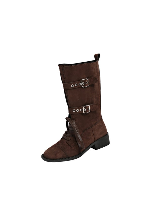 Coffee Ladies Casual Mid Calf Boots For Fall Winter Pointed Toe Chunky Low Heel Thick Sole Booties