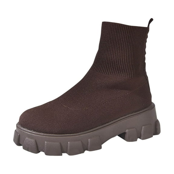 Coffee Ladies Comfort Winter Mesh Elastic Socks Boots Round Toe Chunky Heel Low Heel For All Day Comfort In Cold Weather Ideal For Indoor And Outdoor Activities
