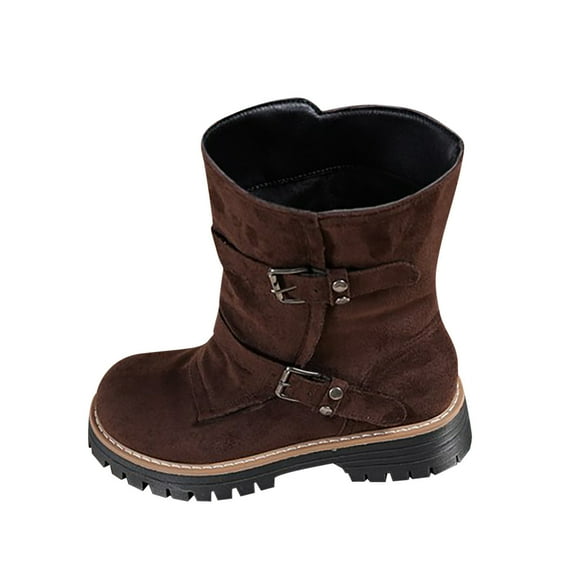 Coffee Ladies Fashionable Warm Winter Boots Featuring Round Toe And Belt Heel For Everyday Casual Activities