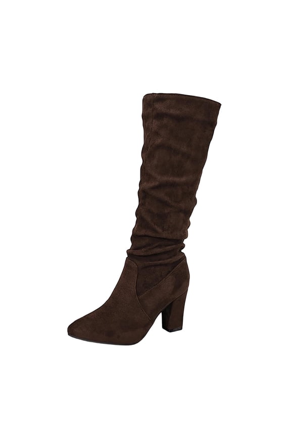 Coffee Ladies Knee-High Boots With Chunky Heel And Slouchy Design For A Stylish And Comfortable Winter Shoe Option