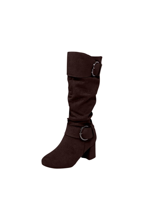 Coffee Ladies Mid Calf Boots Side Zipper Round Toe Block Heels Buckle Accent Stable Comfortable Footwear For Daily Wear And Casual Outdoor Activities Size 41