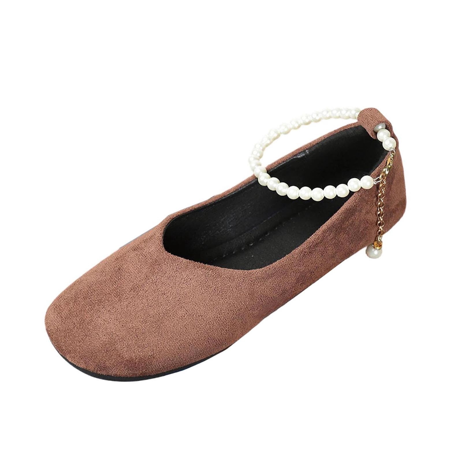 Coffee Ladies Pearl Round Toe Slip Ons With Soft Cushioned Insole And ...