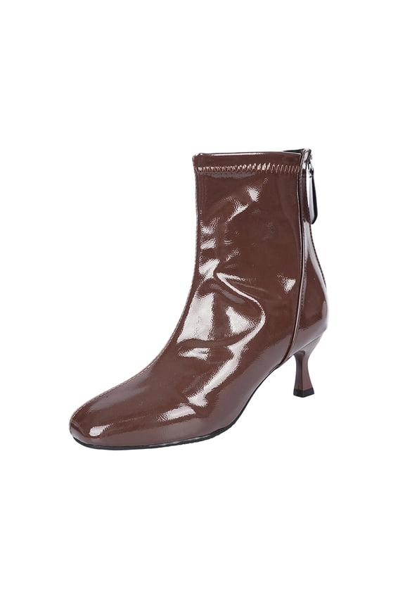 Coffee Ladies Shiny Ankle Boots With High Heel For Fall And Winter Comfortable And Fashionable Wear