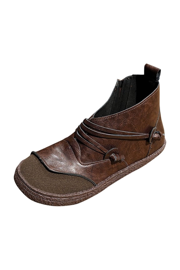 Coffee Ladies Winter Booties Round Toe Flat Side Zip Pu Leather Casual Ankle Boots Spliced Design Comfort