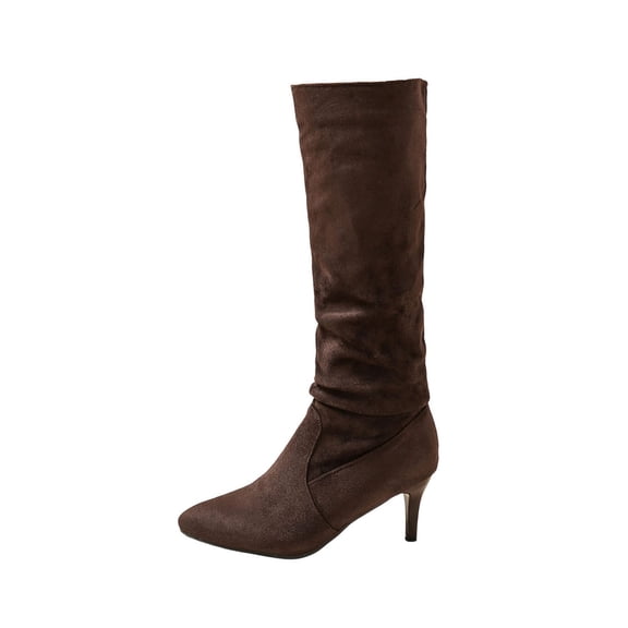 Coffee Ladies Winter Boots Pleated Detail Pointed Toe Flocked Material Slender Heel Knee-High