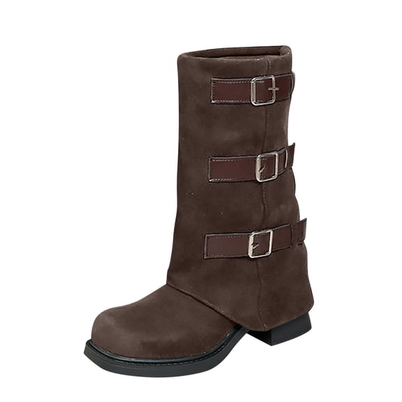 Coffee Ladies Winter Boots With Belt Buckle And Square Toe For Casual Events