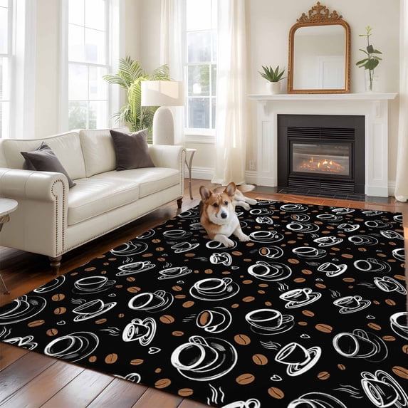 Coffee Large Area Rugs 8x10 ft Vintage White Lines Coffee Beans Cups Black Background Washable Rug Non Slip Indoor Carpet Absorbent Floor Mat for Living Room Bedroom Dining Room