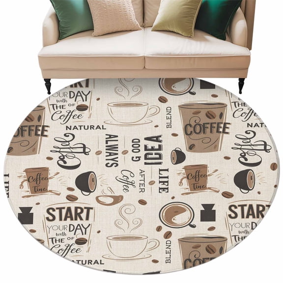 Coffee Large Area Rugs for Bedroom Living Room, Soft Non Slip Carpet Bedside Rug, Brown Beans Cup Dessert Drink Monochrome Round Floor Cover Kitchen Accent Rug 8' for Dining Room/Office