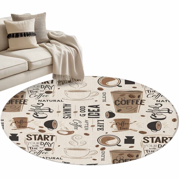 Coffee Large Area Rugs for Bedroom Living Room, Soft Non Slip Carpet Bedside Rug, Brown Beans Cup Dessert Drink Monochrome Round Floor Cover Kitchen Accent Rug 3' for Dining Room/Office