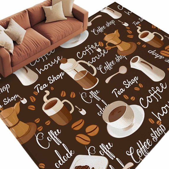Coffee Large Area Rugs for Bedroom Living Room, Soft Non Slip Carpet Bedside Rug, Brown Retro Coffee Theme Beans Latte Tea Cup Rectangular Floor Cover Kitchen Accent Rug 6'x9' for Dining Room/Office