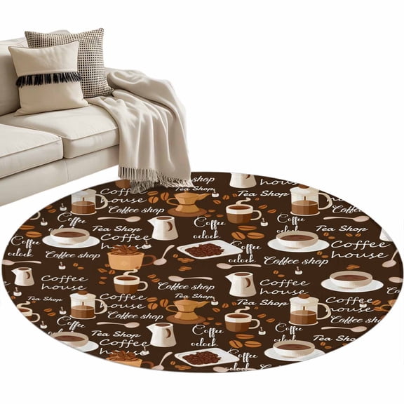 Coffee Large Area Rugs for Bedroom Living Room, Soft Non Slip Carpet Bedside Rug, Brown Retro Coffee Theme Beans Latte Tea Cup Round Floor Cover Kitchen Accent Rug 3' for Dining Room/Office