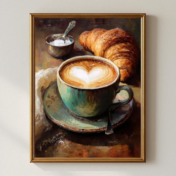Coffee Latte Art Wall Print, Cozy Café Kitchen Decor With Croissant, Rustic Style, Coffee Bar Artwork Home Decor #987, Unframed Poster Size 8x12