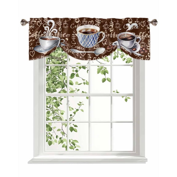 Coffee Latte Beans Tie Up Valances Curtain, Adjustable Kitchen Sugar Retro Brown Valances for Windows Decor, Rod Pocket Short Curtains Set for Bedroom/Bathroom, 42"x12"