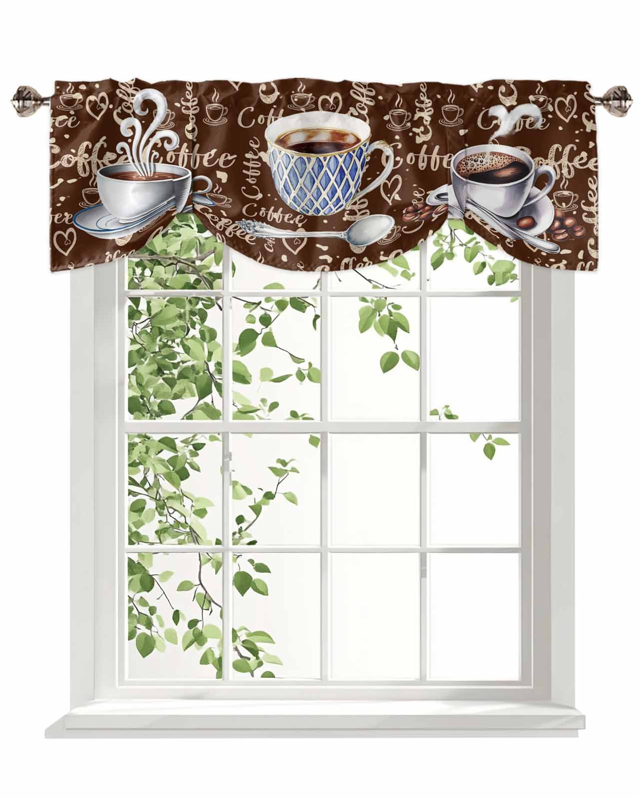 Coffee Latte Beans Tie Up Valances Curtain, Adjustable Kitchen Sugar Retro Brown Valances for Windows Decor, Rod Pocket Short Curtains Set for Bedroom/Bathroom, 54"x18"