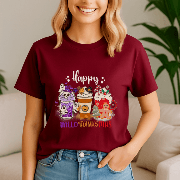 Coffee Latte,Happy Hallothanksmas Tshirt, Halloween Thanksgiving Christmas Shirt, Holiday Season Tee, Turkey Gift, Vintage Ghost ,Merry Christmas
