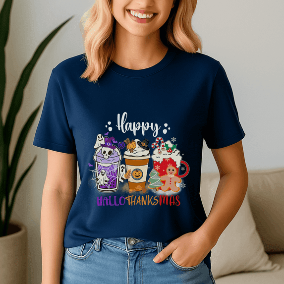 Coffee Latte,Happy Hallothanksmas Tshirt, Halloween Thanksgiving Christmas Shirt, Holiday Season Tee, Turkey Gift, Vintage Ghost ,Merry Christmas