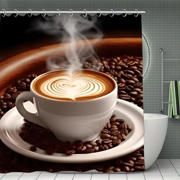Coffee Latte Steam Beans Print Shower Curtain,Modern Fabric Waterproof Shower Curtain Set with Hooks,70.8×70.8Inch
