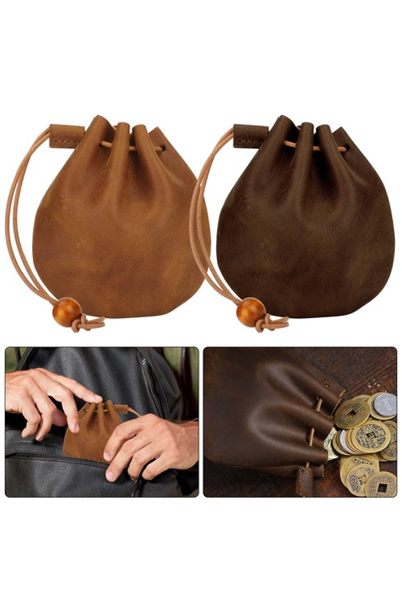 Coffee Leather Drawstring Pouch, Small Coin Wallet Purse for Men and Women