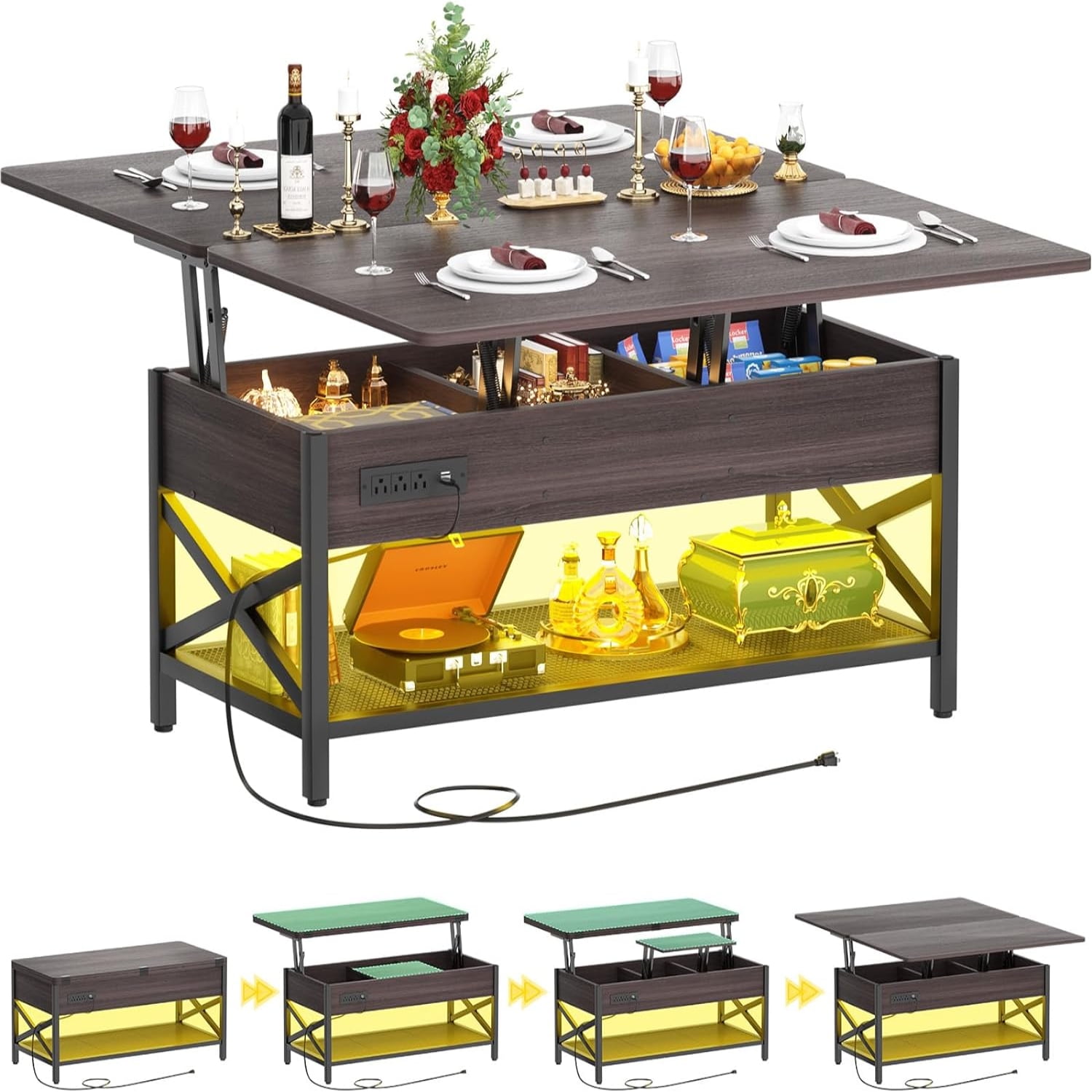 Coffee Lift Top Multi Coffee Converts to Dining with LED Light and