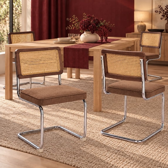 Coffee Linen Modern Rattan Dining Chairs Set of 4, Cane Back, Dinning Chairs, Sillas de Comedor, Upholstered Mid Century Modern Dining Room Chair, Chrome Metal Kitchen Chair
