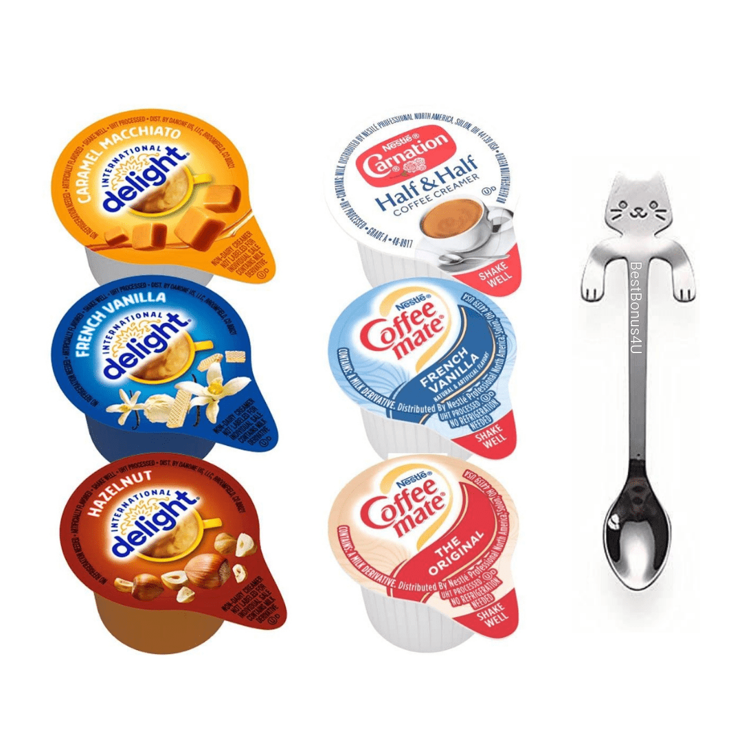 Coffee Liquid Creamer Singles Variety Pack, 54 ct,6 Flavors x 9 Each, Original, French Vanilla, Hazelnut, Caramel Macchiato and Half& Half + BestBonus4U Coffee Stirrer Spoon