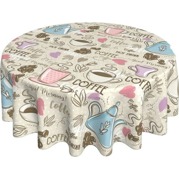 Coffee Love Tea Cup Polka Dot Retro Round Tablecloth Waterproof Wipeable Tablecloth Cover Home Restaurant Kitchen Picnic Party Decoration 60 Inch Circular Tablecloth for 20-47 Inch