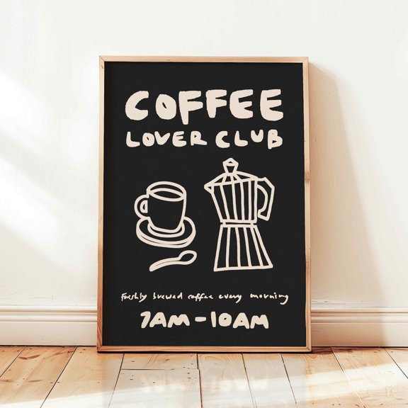 Coffee Lover Club Hand Drawn Retro Cafe Aesthetic Kitchen Decor, Unframed Paper Print Size 12x18