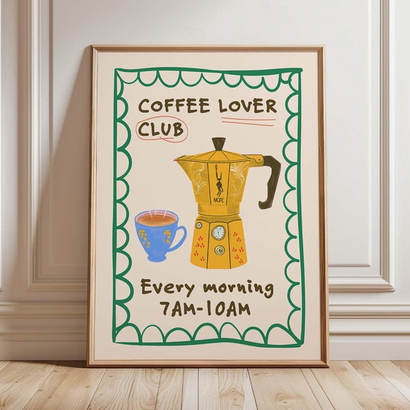 Coffee Lover Club Kitchen Print, Moka Pot Poster, Cute Cafe Wall Art, Retro Coffee Bar Decor, Every Morning Quote
