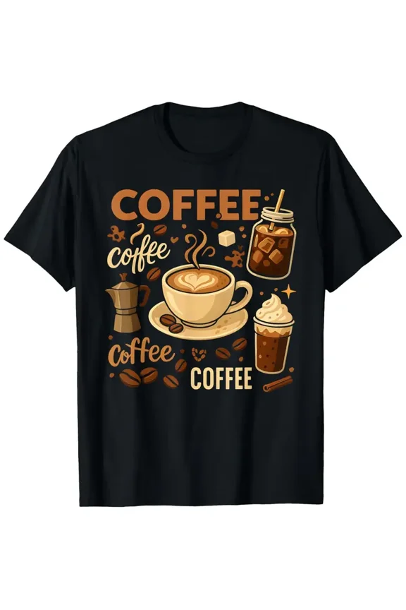 Coffee Lover Espresso Latte Cappuccino Beans Design T-Shirt - Unisex Casual Short Sleeve Round Neck Tee with Espresso, Cappuccino, Latte Art & Coffee Bean Print for Men & Women