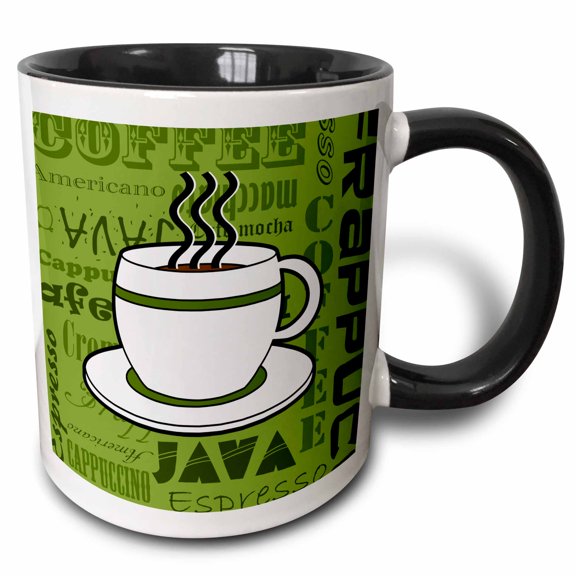 3drose, Coffee Lover Gift - Coffee Words Print - Green, 11oz Two-tone Black Mug