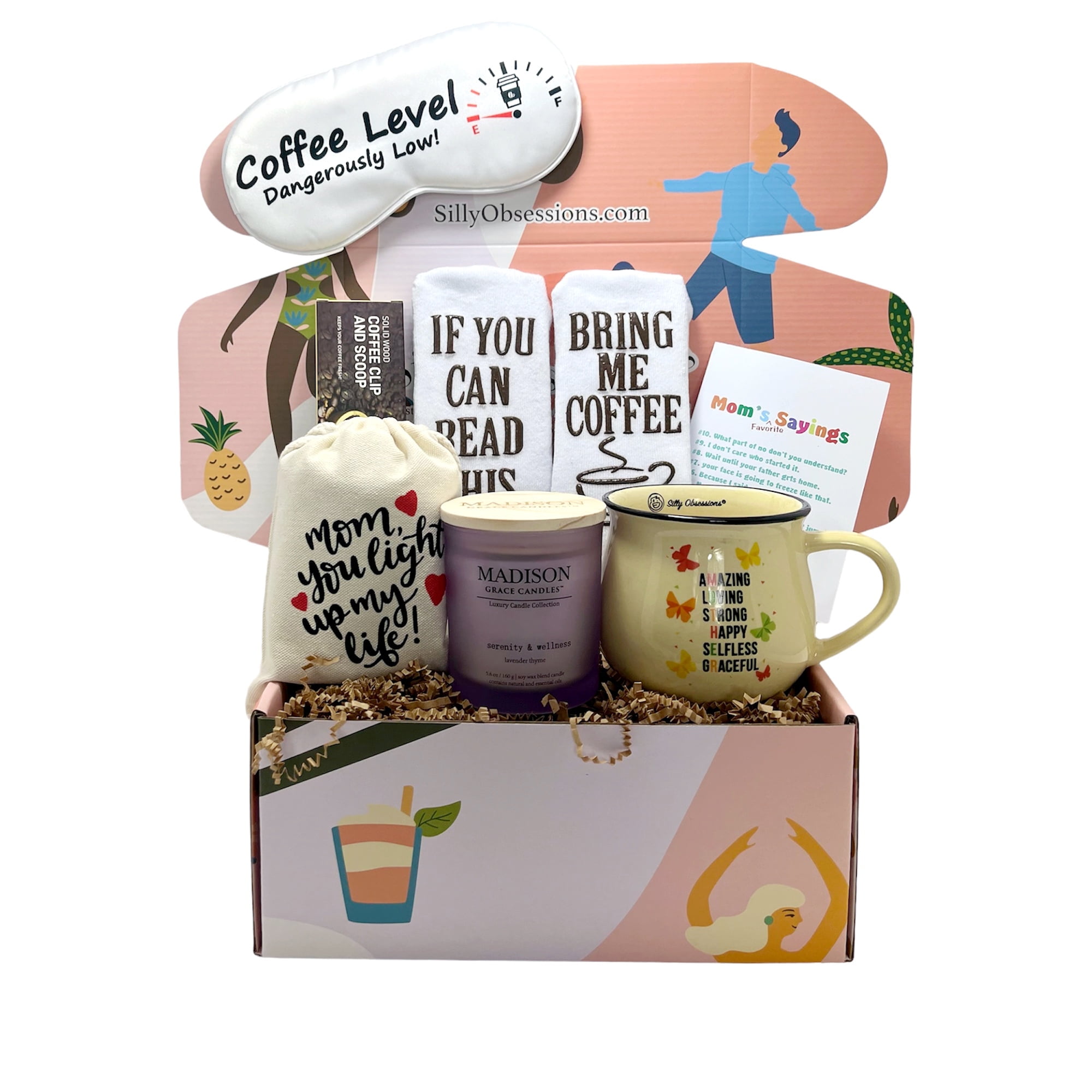 Coffee Lover Gift Set for Mother by Silly Obsessions. Birthday Basket Box for Mom, Wife. Coffee Themed gifts for New Moms, Baby Shower.