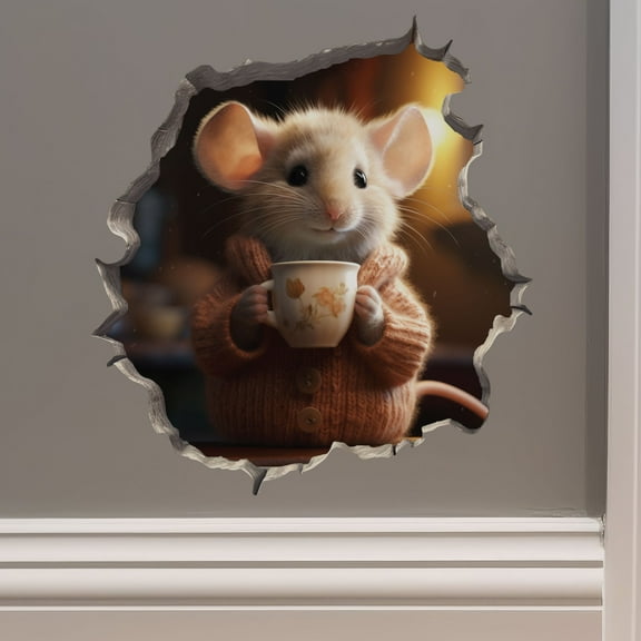 Coffee Lover Mouse in Mouse Hole Decal - Mouse Hole 3D Wall Sticker