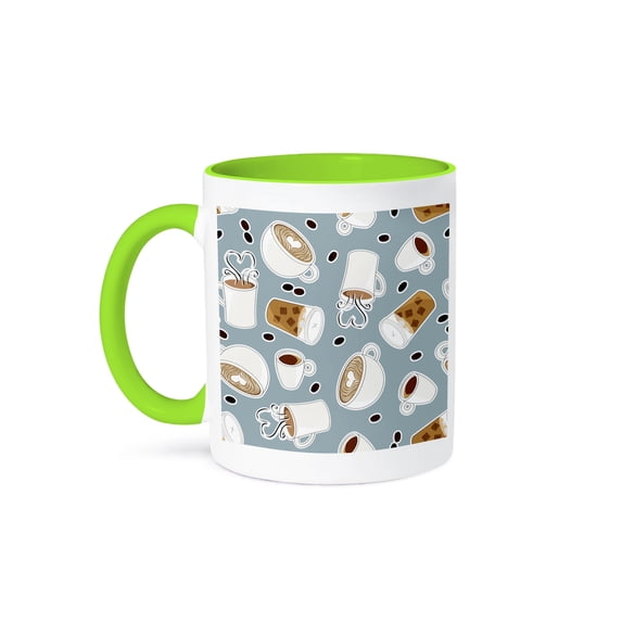 3dRose, Coffee Lover Pattern Blue, 15oz Two-Tone Green Mug