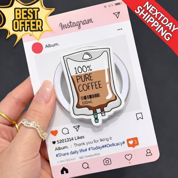 Coffee Lover Phone Grip Funny Coffee IV Design, 100% Pure Coffee Phone Holder, Barista Gift, Cute Coffee Addict Accessory