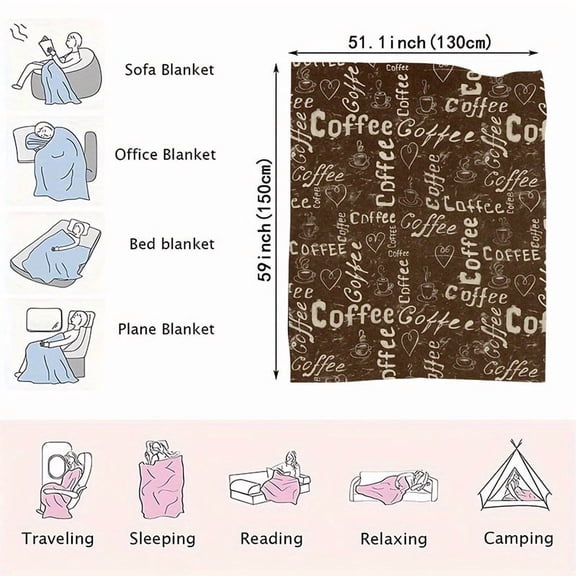 Coffee Lover's Throw Blanket - Soft Flannel with & White Coffee Cup Pattern, All-Season Cozy Blanket for Couch, Bed, Travel, Machine Washable Gift for Home Decor