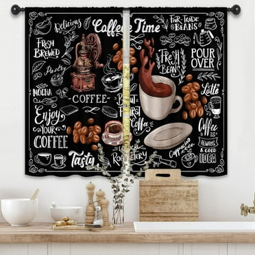 Coffee Lovers Black Kitchen Curtains 27.5W x 39L Inch Farmhouse Rustic Vintage Country Rural Drink Rod Pocket Short Cafe Tier Small Window Treatment Drapes Decor 2 Panels