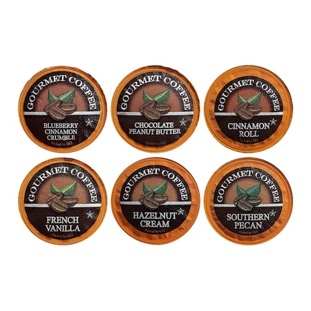 Coffee Lovers Single Serve Sampler: Blueberry Cinnamon Crumble, Chocolate Peanut Butter, Cinnamon Roll, French Vanilla, Hazelnut Cream and Southern Pecan (6 cups per flavor)