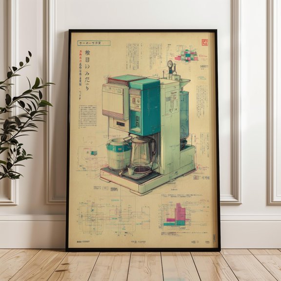 Coffee Machine Blueprint Technical Drawing Poster