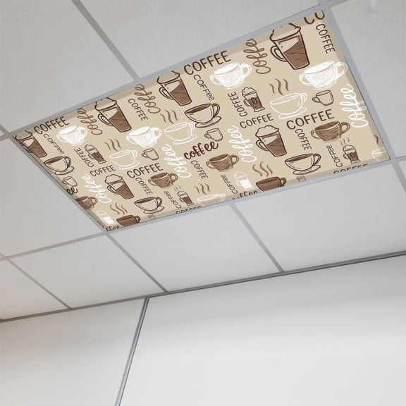 Coffee Magnetic Fluorescent Light Covers for Ceiling Lights 2x4Ft, Beige Farmhouse Retro Beans Latte Tea Cup Funny Office Classroom Kitchen Drop Ceiling Light Covers Filters Shade Panel 1 Pack