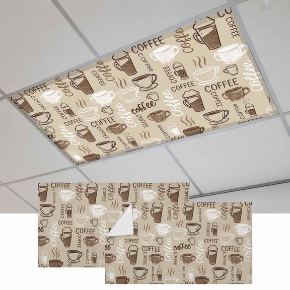 Coffee Magnetic Fluorescent Light Covers for Ceiling Lights 2x4Ft, Beige Farmhouse Retro Beans Latte Tea Cup Funny Office Classroom Kitchen Drop Ceiling Light Covers Filters Shade Panel 2 Packs