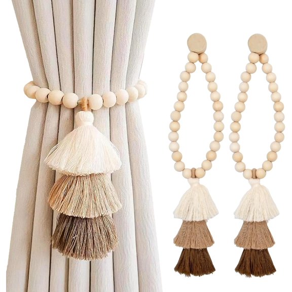 Coffee Magnetic Wooden Bead Curtain Tiebacks No Drilling,Boho Curtain Tassel Tiebacks for Curtains 2 Pack,Boho Western Decor