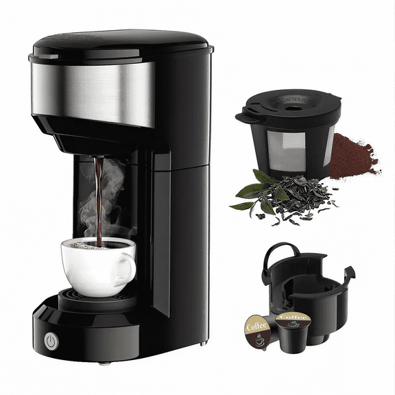 Coffee Maker, 2 in 1 Single Serve Brewer for K Pod & Ground Coffee, 90s Rapid Brew 6 to 14oz Capacities with Auto Shut Off, Small Compact Design for Home Office Travel Camping-Black