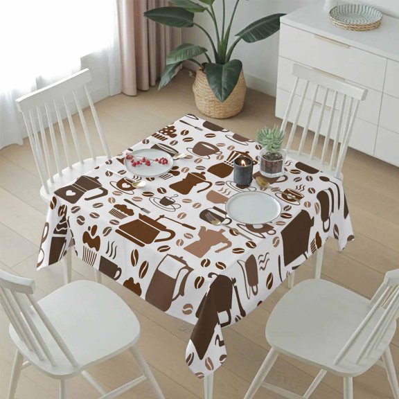 Coffee Maker Beans Cups Cake Table Cloth 54x54in, Waterproof Square Tablecloth Wipeable Tablecloths Coffee Time Table Covers for Dining Tables Party Indoor Outdoor