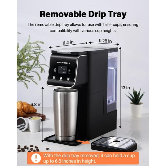 Coffee Maker - Bold Setting, Single Serve Coffee Maker for K-Cup and Grounds, 52 Oz Removable Water Tank, 6-14 Oz Brew Sizes, Black