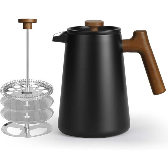 Coffee Maker, Coffee Press with Real Wood Handle, Double Wall Insulation & Dual-Filter Screen,  for Coffe and Tea