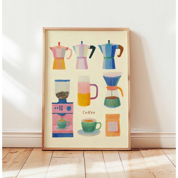 Coffee Maker Colorful Barista Decor Mugs Espresso Machine Kitchen Art, Unframed Paper Poster 8x10in